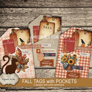 Bellissime etichette AUTUNNALI con tasche e materiale effimero per la tenuta di un diario, biglietti di auguri e per i tuoi progetti di scrapbooking, junk journal e arte.