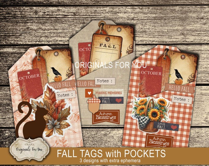 FALL Tags with pockets, ephemera, journaling, crafting cards for your scrapbooking, junk journals and art projects.