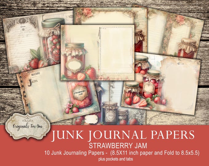 Junk Journaling Papers - "STRAWBERRY JAM" - Journal kit, Collage Sheet, Digital Download, Printable, Vintage, Watercolor