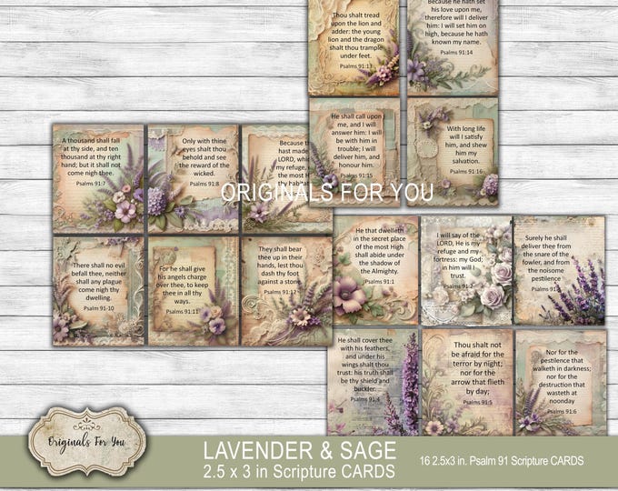 LAVENDAR & SAGE Shabby Chic Christian Printable Scripture cards "Psalm 91", Digital Download, Printable Bible Verses, Prayer Cards