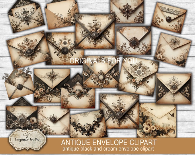 Antique Black and Cream Envelope Clipart, Floral, junk journal, vintage, antique, download and print