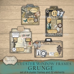 May include: Four vintage-style cluster window frames with a grunge aesthetic. Each frame features a unique collage of ephemera, including stamps, clocks, butterflies, and handwritten text. The frames are set against a light wood grain background.