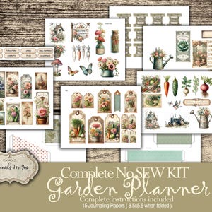 Op de afbeelding: Een complete naaiset voor een tuinplanner. De set bevat 15 journaling-papieren, labels en andere decoratieve elementen met een vintage tuinthema. De papieren zijn 8,5 inch bij 5,5 inch gevouwen.