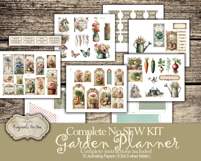 Op de afbeelding: Een complete naaiset voor een tuinplanner. De set bevat 15 journaling-papieren, labels en andere decoratieve elementen met een vintage tuinthema. De papieren zijn 8,5 inch bij 5,5 inch gevouwen.