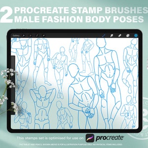 32 Procreate Male Body Fashion Poses Stamp Brushes. Men Stylish Full Figure Template Drawing Guide. Anatomy Reference Casual Standing Poses.