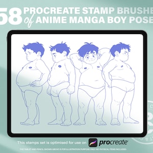 58 sellos de Procreate de un niño regordete de anime. Poses dinámicas de acción de un chico manga adorable. Bases de referencia de anatomía infantil de Procreate.