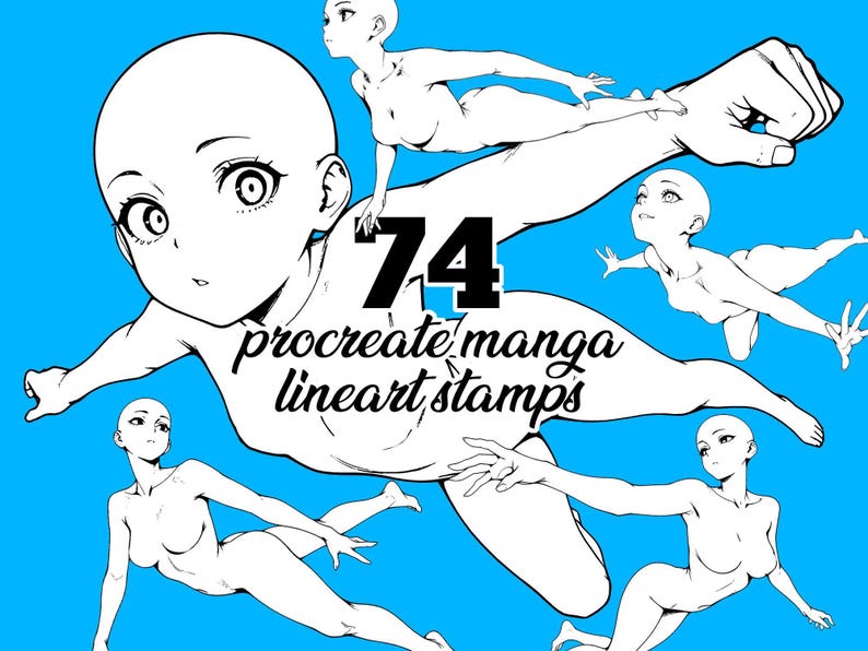 74 Procreate Anime Briefmarken - Manga Girl Line Art Bases | Dynamische Unterwasserposen | Weibliche Anatomie Referenz für Künstler | mit BONUS Paket! Bild 2