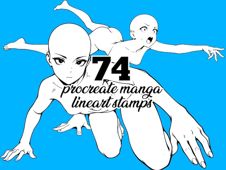 74 Procreate Anime Briefmarken - Manga Girl Line Art Bases | Dynamische Unterwasserposen | Weibliche Anatomie Referenz für Künstler | mit BONUS Paket! Bild 3