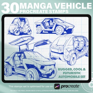 30 carimbos de carros MANGA Procreate | Pincéis de carimbo VEÍCULO Procreate | Conjunto de coleção AUTOMÓVEL Procreate | Transporte Futurista Procreate