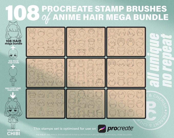 108 Procreate Anime Chibi Head Hairstyle Stamps Mega Bundle. Manga Boy ...