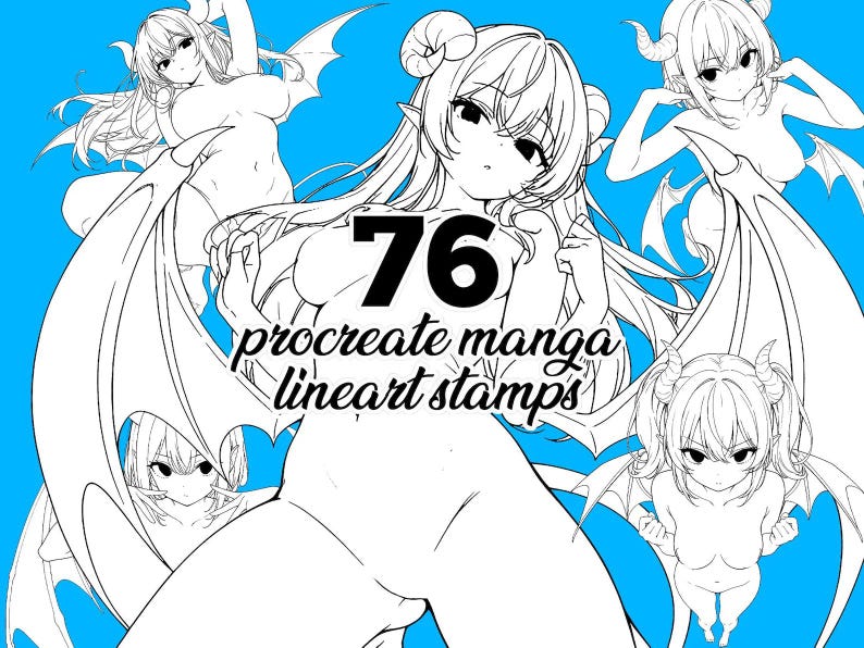 76 Procreate Succubus Stamps - Manga Demon Girl Bases | Dynamic Pose Pack A | Fantasy Character Reference for Artists | with BONUS Pack! image 2