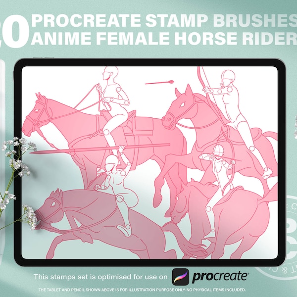 20 Procreate Anime Female Horse Rider Body Poses Guide Stamps Brushes. Manga Girl Character Design. Cartoon Horse Anatomy Reference Poses