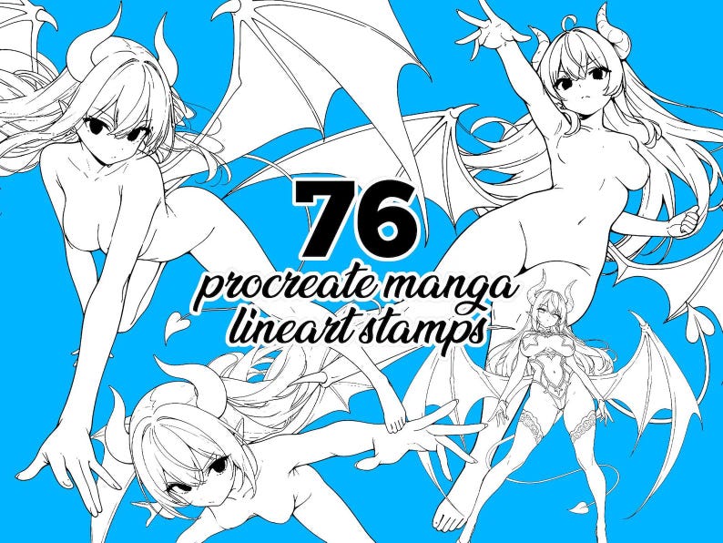 76 Procreate Succubus Stamps - Manga Demon Girl Bases | Dynamic Pose Pack A | Fantasy Character Reference for Artists | with BONUS Pack! image 4