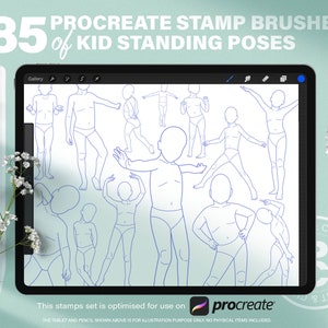 Guía de 85 sellos de poses para niños en Procreate. Figura dinámica de cuerpo completo en boceto de línea de anime y manga. Plantilla de referencia de anatomía de moda infantil en Procreate.