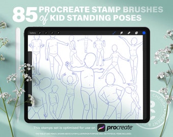 85 Procreate Kid Body Pose Stamps Guide. Anime Manga Line Draft Full Body Dynamic Figure. Procreate Child Fashion Anatomy Reference Stencil