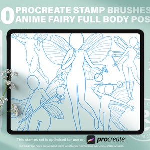 20 Procreate Anime Fairy Stamps Brushes. Fantasy Manga Goddess Character. Magical Angel Warrior Dynamic Body Action Poses Design Reference.