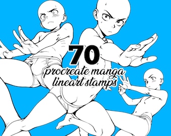 Anime Boy Procreate Stempel: Dynamische Action Posen | 70 Männliche Anatomie Basten