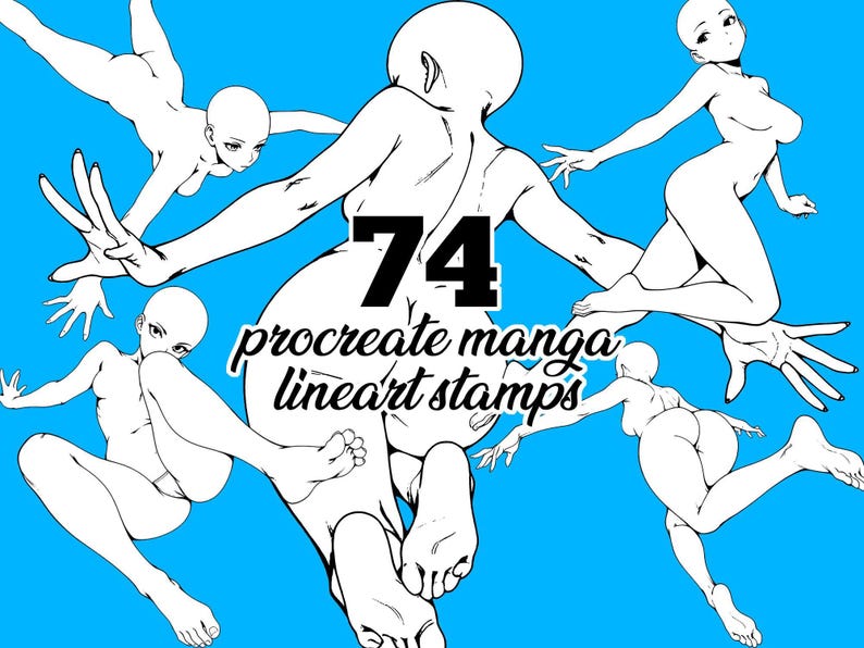 74 Procreate Anime Briefmarken - Manga Girl Line Art Bases | Dynamische Unterwasserposen | Weibliche Anatomie Referenz für Künstler | mit BONUS Paket! Bild 5