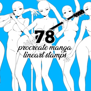 May include: A digital art image featuring five stylized female figures in various poses against a bright blue background. The text "78 procreate manga lineart stamps" is overlaid on the image. The figures are drawn in black and white.
