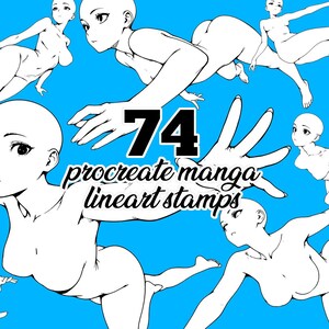 74 Procreate Anime Briefmarken - Manga Girl Line Art Bases | Dynamische Unterwasserposen | Weibliche Anatomie Referenz für Künstler | mit BONUS Paket! Bild 4