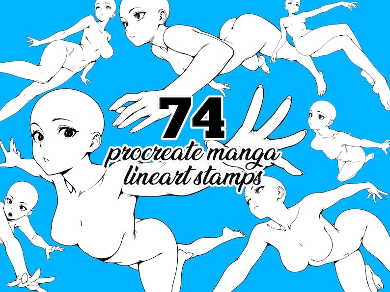 74 Procreate Anime Briefmarken - Manga Girl Line Art Bases | Dynamische Unterwasserposen | Weibliche Anatomie Referenz für Künstler | mit BONUS Paket! Bild 4