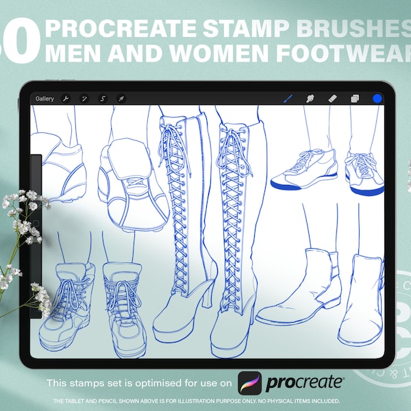 30 pinceaux Procreate Stamps de chaussures pour hommes et femmes. Procréer des timbres de chaussures. Jambes Avec Brosses à Chaussures. Référence de baskets, talons et bottes.