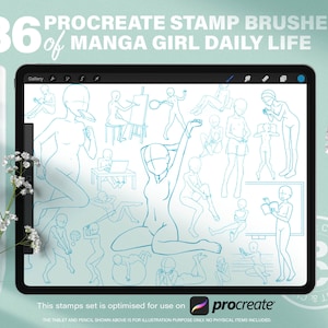 86 Procreate Stamps brushes Of Manga Girl Daily Life. Procreate Anime Girl Line Draft Action Full Figure Poses Drawing Body Reference Guide.