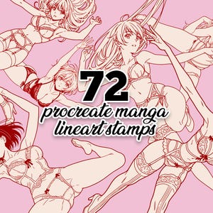 May include: 72 Procreate manga lineart stamps featuring illustrations of women in lingerie. The stamps are in a red outline style.