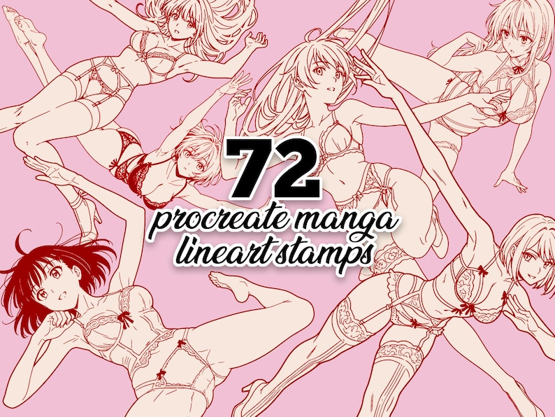 May include: 72 Procreate manga lineart stamps featuring illustrations of women in lingerie. The stamps are in a red outline style.