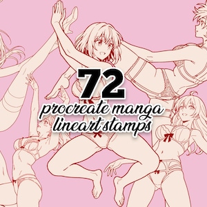 72 Procreate Stamps of Anime Manga Girl. Lineart Boudoir Lingerie Girl Dynamic Action Poses. Procreate Female Anatomy Reference Bases. image 3