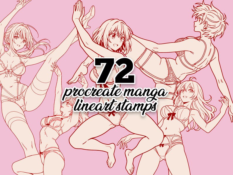 72 Procreate Stamps of Anime Manga Girl. Lineart Boudoir Lingerie Girl Dynamic Action Poses. Procreate Female Anatomy Reference Bases. image 3