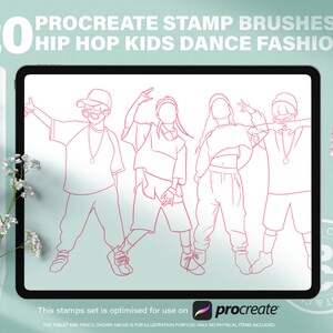 20 pinceles de Procreate para sellos de moda de baile infantil de hip hop. Adorable diseño de personajes K-Pop. Diseño base con poses elegantes de niño y niña.