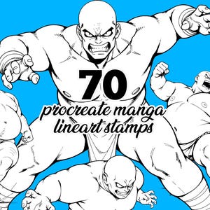 Könnte beinhalten: Schwarz-weiß-Linienzeichnungen verschiedener Manga-Charaktere. Der Text "70 procreate manga lineart stamps" befindet sich in der Mitte des Bildes.