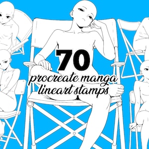 May include: A digital art image featuring manga-style figure poses. The image has a bright blue background with several line art figures in various seated positions. The text "70 procreate manga lineart stamps" is overlaid on the image.