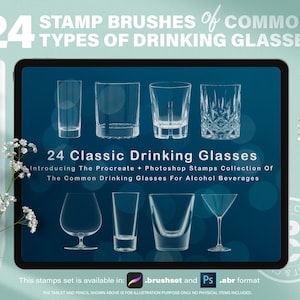 24 Procreate and Photoshop brush stamps of common types of drinking glass for alcohol beverage. Transparent Wine Cocktail And Beer Glasses