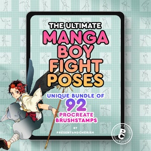 92 Procreate Ultimate Manga Boy Dynamic Fight Poses Gidsstempel Anime-personages Wapens zwaaien Actietekening Referentieborstels Basispakket