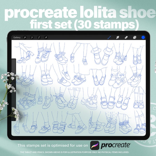 Procreate Shoe Stamps Of Lolita Footwear, Mary Jane Shoe Drawing Illustration Collection, Women Fashion Adult Coloring Reference First Set.
