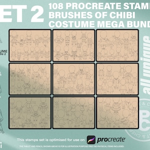 SET 2 108 Procreate Anime Chibi Costume Stamps Mega Bundle. Manga Kawaii SD Character Fashion OutFit Dresses Body Pose Design Base Template