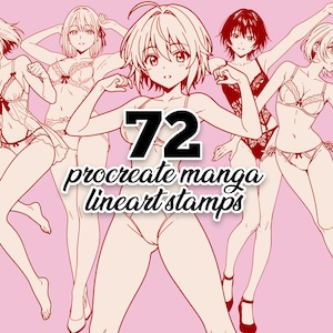 72 sellos de Procreate de chicas de manga y anime. Poses de acción dinámicas de chicas en lencería boudoir de arte lineal. Bases de referencia de anatomía femenina de Procreate.