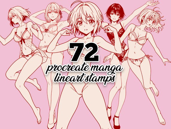 72 Procreate Stamps of Anime Manga Girl. Lineart Boudoir Lingerie Girl Dynamic Action Poses.  Procreate Female Anatomy Reference Bases.
