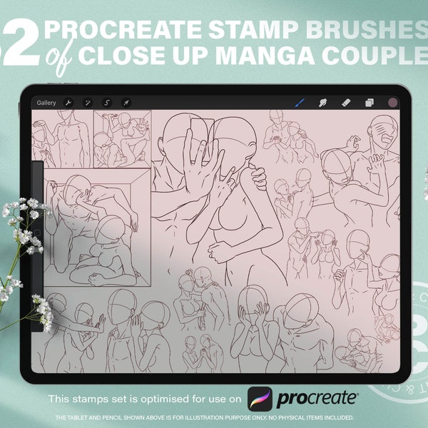 32 Manga Couple Stamp Guides. Anime Close Up Lovers Dynamic Poses Brushes. Procreate Digital Line Drawing People Portrait Illustration