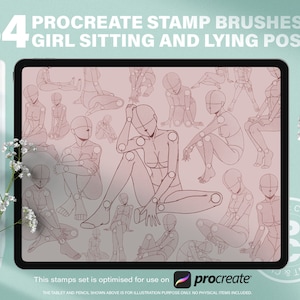 54 Procreate Stamp Brushes Of Manga Girl In Sitting, Squatting and Lying Positions. Procreate Anime Girl Body dynamic Action Poses Set.