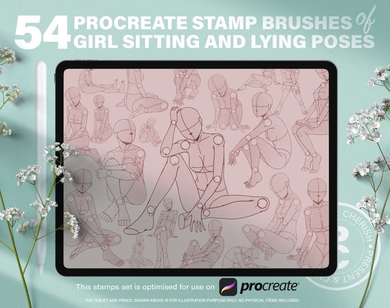54 Procreate Stamp Brushes of Manga Girl in Sitting, Squatting and