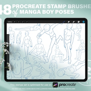 48 Manga Boy Action Pose Stamps Guide. Anime Line Draft Full Body Dynamic Figure Proportion. Procreate Boy Anatomy Reference Brushes Stencil
