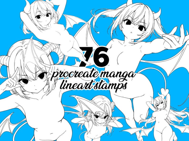 76 Procreate Succubus Stamps - Manga Demon Girl Bases | Dynamic Pose Pack A | Fantasy Character Reference for Artists | with BONUS Pack! image 5