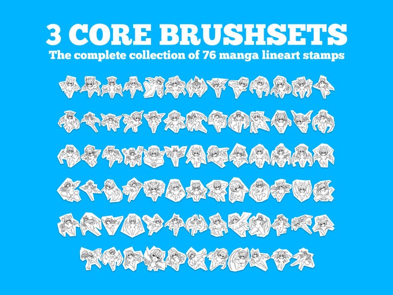 May include: A blue background with the text "3 CORE BRUSHSETS" and "The complete collection of 76 manga lineart stamps." Below are 76 manga lineart stamps in black and white.