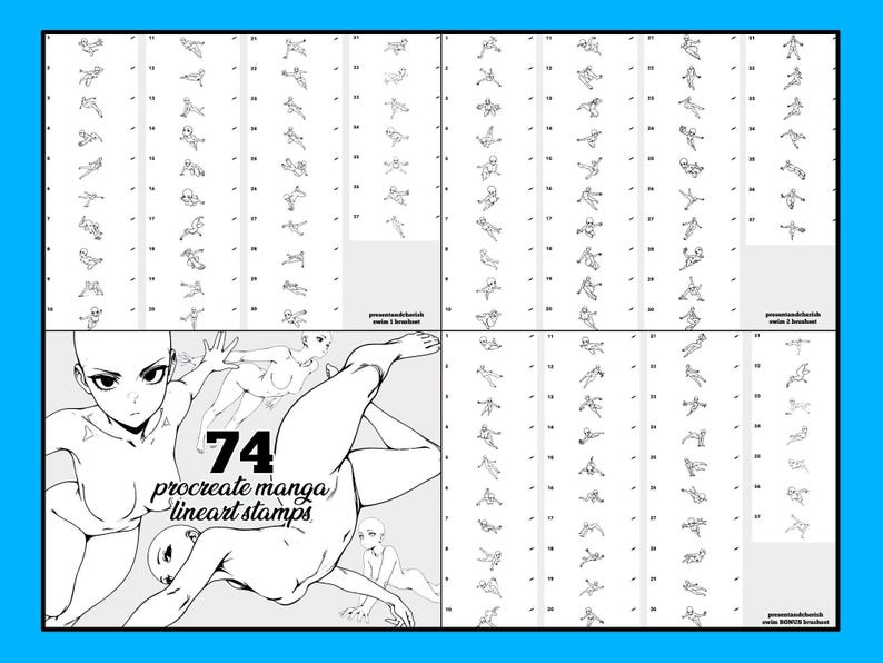 74 Procreate Anime Briefmarken - Manga Girl Line Art Bases | Dynamische Unterwasserposen | Weibliche Anatomie Referenz für Künstler | mit BONUS Paket! Bild 6