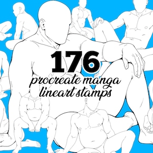 May include: Digital art product featuring 176 Procreate manga lineart stamps. The image shows multiple male figure poses in black line art on a bright blue background. The number 176 is prominently displayed in black.