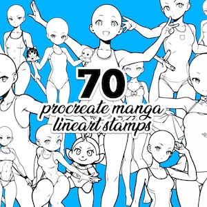 70 sellos de Procreate de chicas de manga y anime. Poses dinámicas de chica en bikini con dibujo lineal. Bases de referencia de anatomía femenina de Procreate.