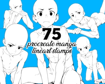 75 Procreate Anime Briefmarken - Manga Boy Lineal Bases | Sitzen, Ruhen und Entspannen Posen | Referenz für Künstler | mit BONUS Paket!